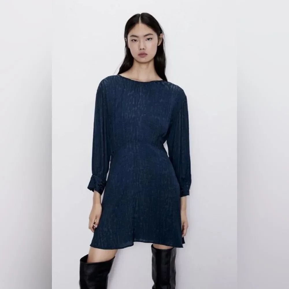 Zara Navy Blue Bateau Neck Bracelet Sleeve Jacquard Dress Size M